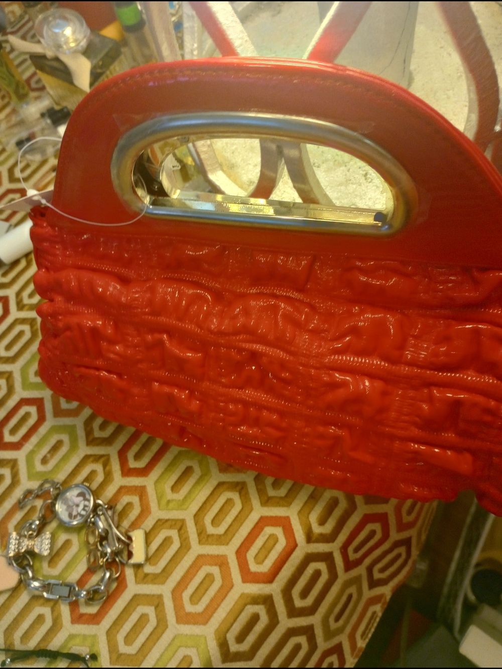 Red Ruffled Handbag with Silver Accent - Picture 4 of 14